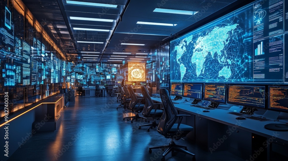 Poster in a high-tech office, it professionals monitor security systems and manage data networks.
