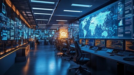 In a high-tech office, IT professionals monitor security systems and manage data networks. 