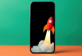 Smartphone Displaying a Red Rocket Launching Through Clouds