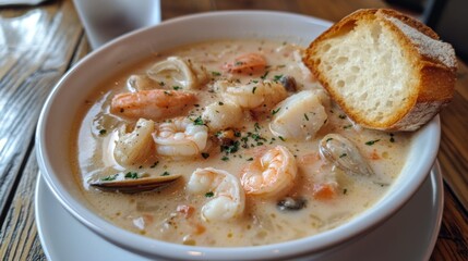 A delicious bowl of seafood chowder with chunks of fish, shrimp, and clams, served with a slice of crusty bread on the side.