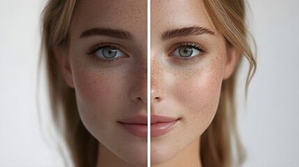 Before-and-after T-zone image, showing significant reduction in blackheads and improved skin clarity, focusing on texture, Realistic, Soft Focus