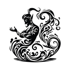 Obraz premium Genie with victorian flourish decoration in black and white illustrations, cutout graphic