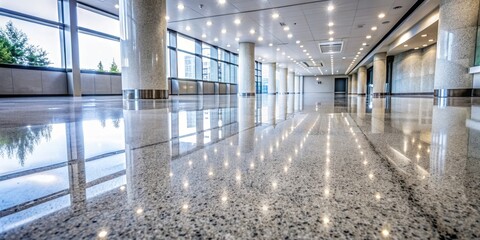 Smooth and unblemished granite floor reflecting light, pristine and clean appearance , granite, floor