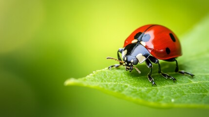 Fototapeta premium A detailed close-up of a ladybug on a green leaf, highlighting its bright red shell and black spots against a blurred background.