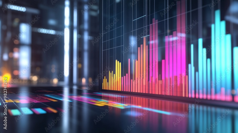 Poster a digital bar chart showing financial performance over time, with bars in various colors representin