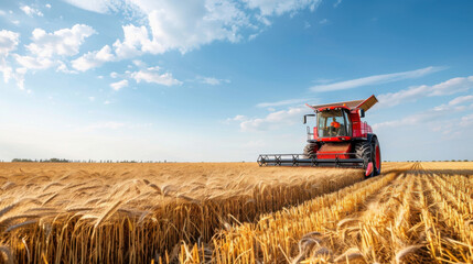 Combine harvester machine cutting through a ripe golden wheat field under a clear blue sky during harvest season.