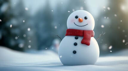 Fototapeta premium Minimalist 3D design of a snowman with a carrot nose, coal eyes, and a red scarf, against a snowy backdrop