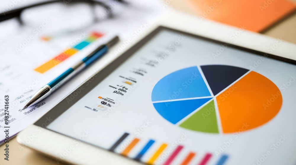 Aufkleber a digital tablet displaying a detailed financial pie chart with various colored segments, set agains