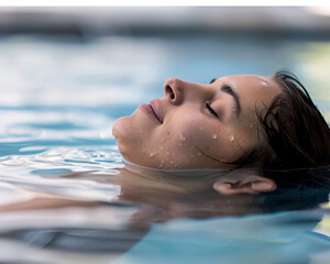 A woman floating in the water with her eyes closed, a relaxed and peaceful expression on her face, wearing an earpiece and having an extended haircut, surrounded by clear blue water