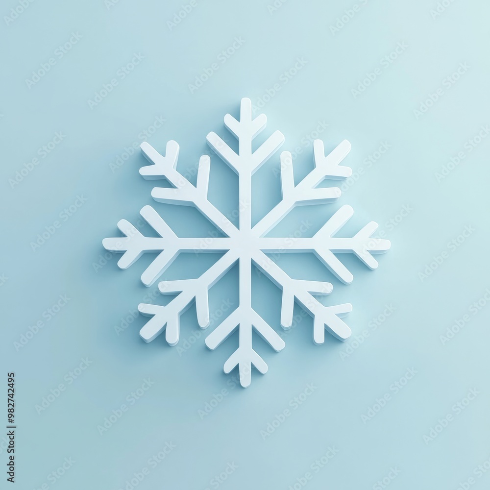 Poster minimalist 3d snowflake icon in white with a clean, smooth design, isolated on a light blue backgrou