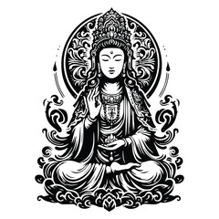 Guan Yin goddess with victorian flourish decoration in black and white illustrations, cutout graphic