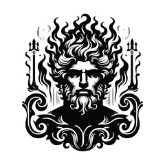 Obraz premium Hades greek god with fire hair with victorian flourish decoration in black and white illustrations, cutout graphic black and white illustration