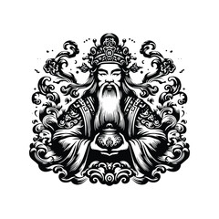 guan yu Chinese god with victorian flourish decoration in black and white illustrations, cutout graphic black and white illustration