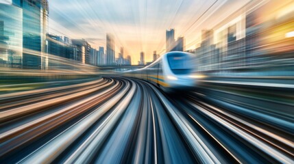 Fototapeta premium A dynamic shot of an electric train speeding through a cityscape, with motion blur effects highlighting its speed and efficiency.