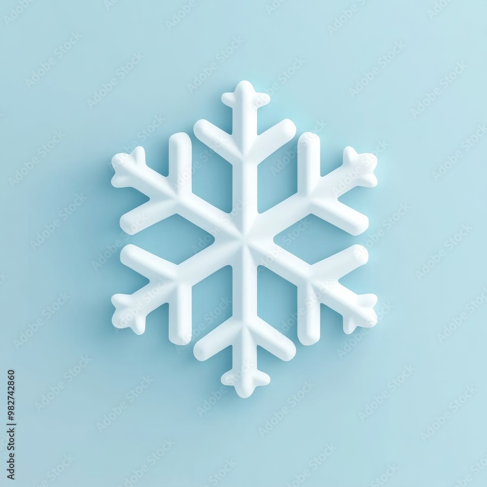 Poster minimalist 3d snowflake icon in white with a clean, smooth design, isolated on a light blue backgrou