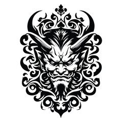 Hannya with victorian flourish decoration in black and white illustrations, cutout graphic