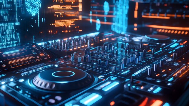 A futuristic 3D DJ setup with holographic soundwaves pulsing around it