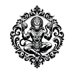 Fototapeta premium hanuman hindu god with victorian flourish decoration in black and white illustrations, cutout graphic