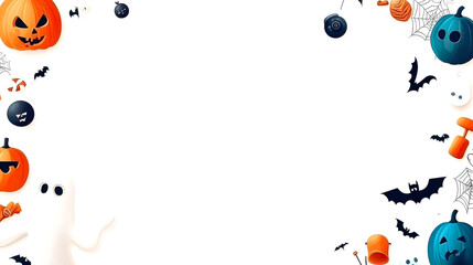 Halloween decorations with pumpkins, ghosts, and bats on white isolated background.