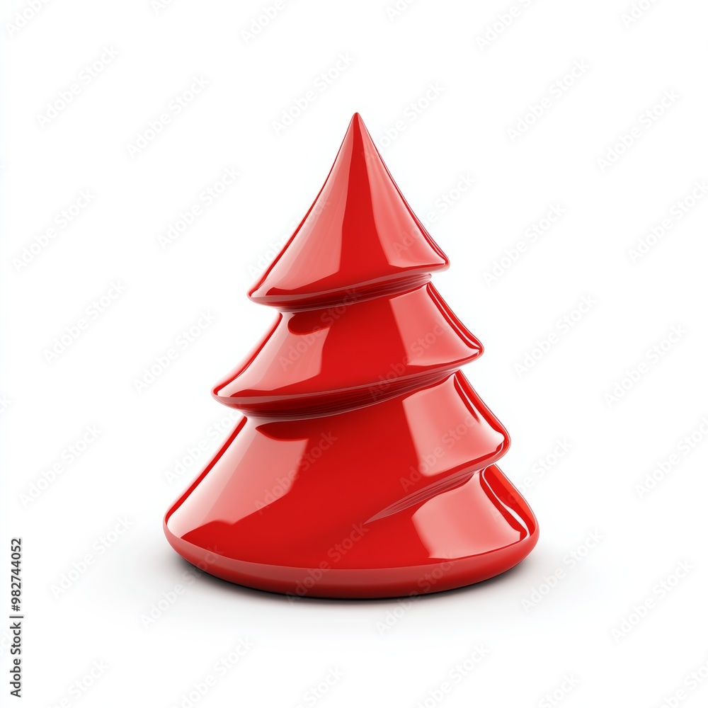 Poster minimalistic red 3d christmas tree icon with a smooth, glossy finish, isolated on a white background