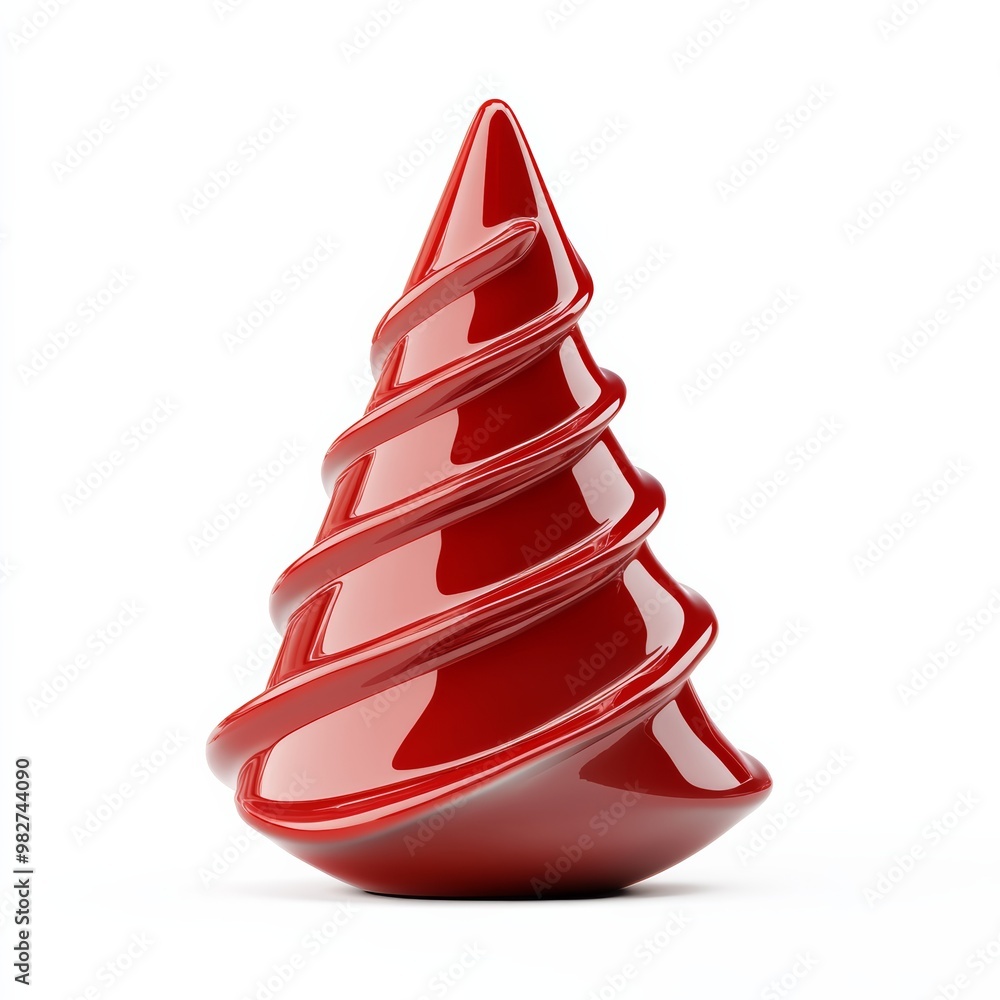 Poster minimalistic red 3d christmas tree icon with a smooth, glossy finish, isolated on a white background