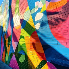 Low-angle perspective of a colorful urban mural, intricate geometric patterns blending with nature, highlights of sunlight streaming through, evoking a sense of modern simplicity