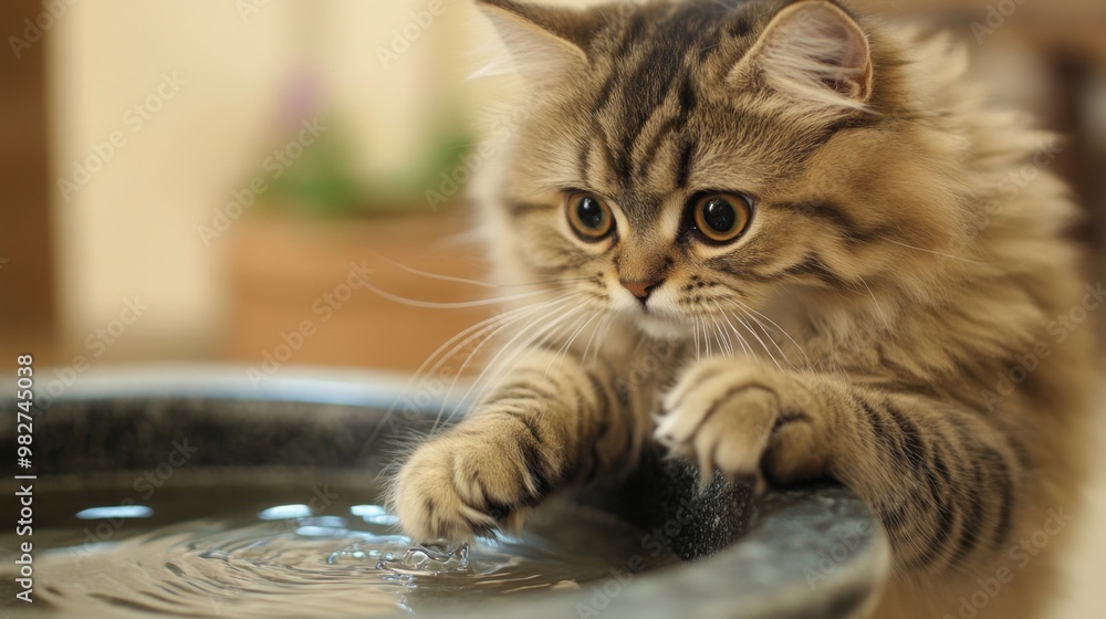 Poster a fluffy cat curiously dipping its paw into a small basin of water, watching the movement with wide,