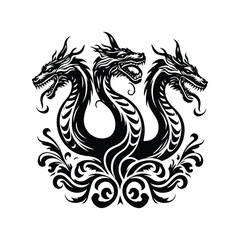 Fototapeta premium hydra dragon with victorian flourish decoration in black and white illustrations, cutout graphic