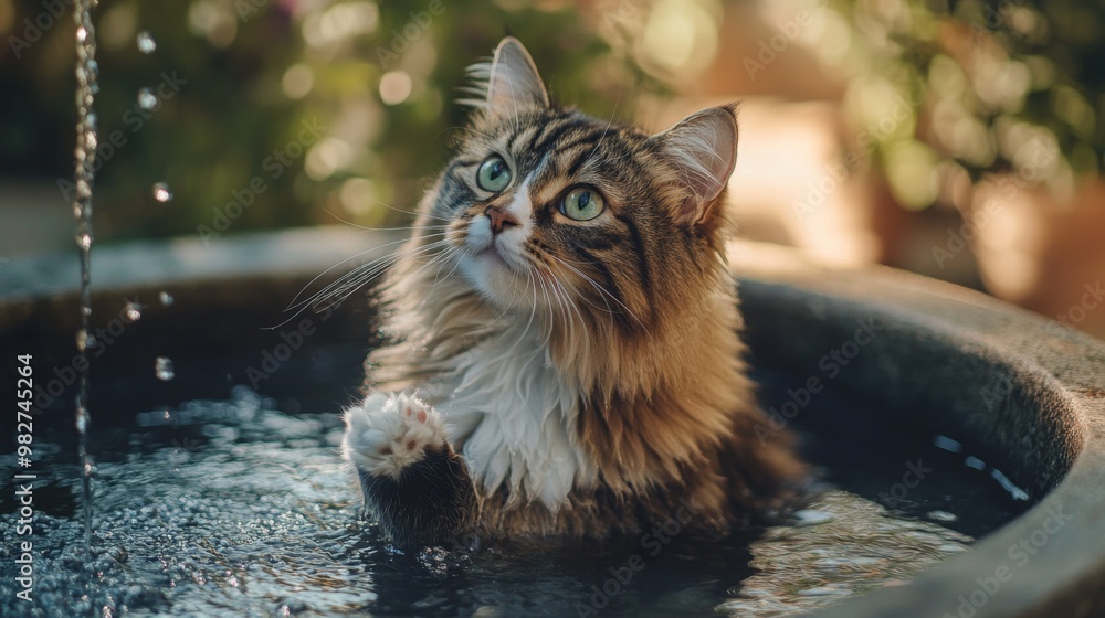 Poster a fluffy cat sitting near a water fountain, dipping its paw into the flowing water while looking up 