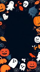 Festive Halloween border with pumpkins, ghosts, and autumn leaves on a dark background.
