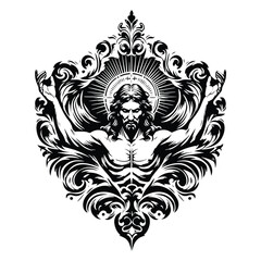 Fototapeta premium Jesus with victorian flourish decoration in black and white illustrations, cutout graphic