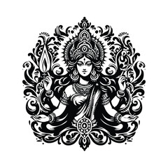 Fototapeta premium kali goddess with victorian flourish decoration in black and white illustrations, cutout graphic