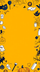 Halloween-themed illustration with festive elements on yellow background.