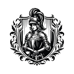 knight female inside victorian flourish, in black and white illustrations, cutout graphic