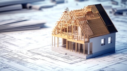 House under construction on blueprints close up. Building project concept