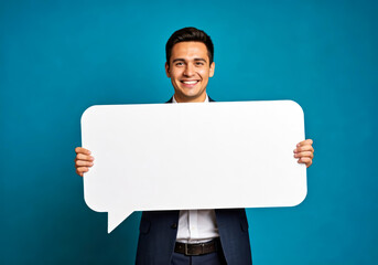 bussiness woman man holding sign bubble chat with copy space