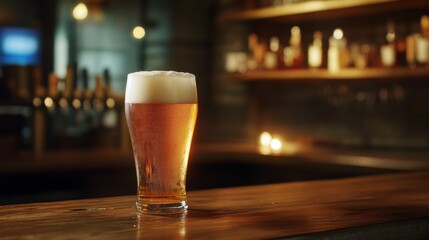 A frosty glass of beer with a perfect foam head, set on a wooden bar counter with soft, ambient lighting.