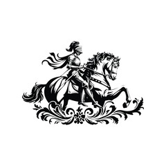 Fototapeta premium knight riding horse female inside victorian flourish, in black and white illustrations, cutout graphic