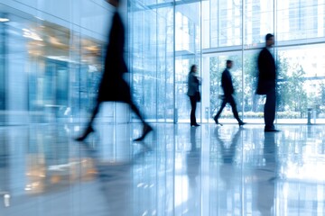 Blurred image of business people in the lobby of a modern office building , ai
