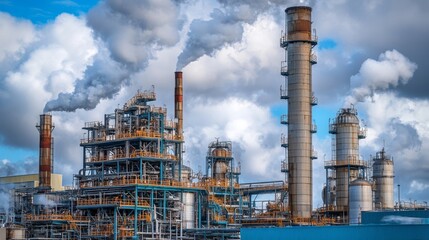 Fototapeta premium Industrial plant emissions under a cloudy sky, representing the environmental impact of chemical production