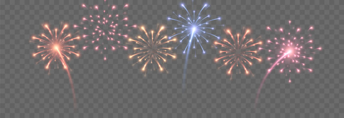 Vector fireworks. Multicolored fireworks on isolated transparent background. Fireworks png. Holiday fireworks. Festive background.