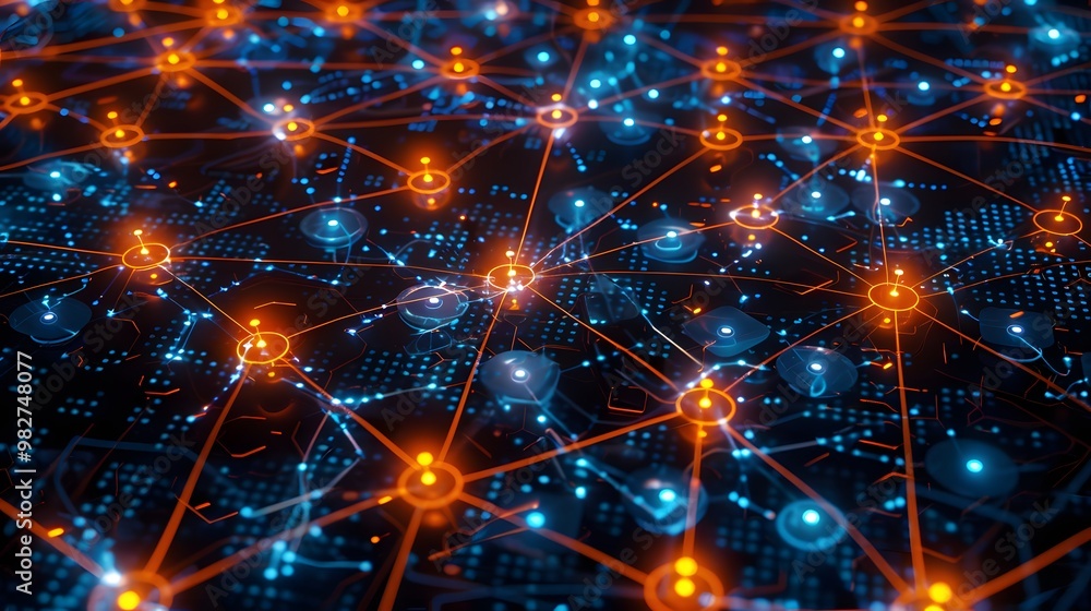 Poster a network of interconnected, radiant nodes exchanging data through visual mechanisms like pipes, mes