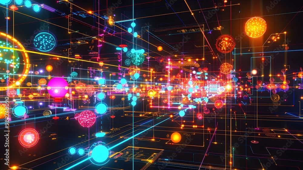 Poster a network of interconnected, radiant nodes exchanging data through visual mechanisms like pipes, mes