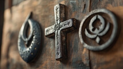 A close-up of a cross, crescent, Star of David, and Om symbol displayed side by side