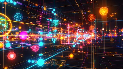 Obraz premium A network of interconnected, radiant nodes exchanging data through visual mechanisms like pipes, message queues, and shared memory, symbolizing process communication and synchronization