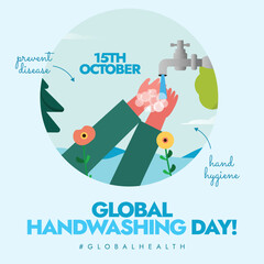 Global Handwashing Day. 15th October Handwashing day celebration banner with a boy washing his hands under tap water. The day remind people about the importance of hand hygiene to stay health.
