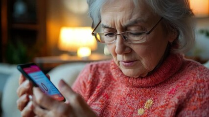 A 4K video showcasing at-home diabetes care features an elderly woman holding a glucometer and reading her blood sugar levels with a focused expression.