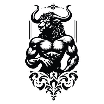 recommend clip art: Minotaur creature with victorian flourish decoration in black and white illustrations, cutout graphic