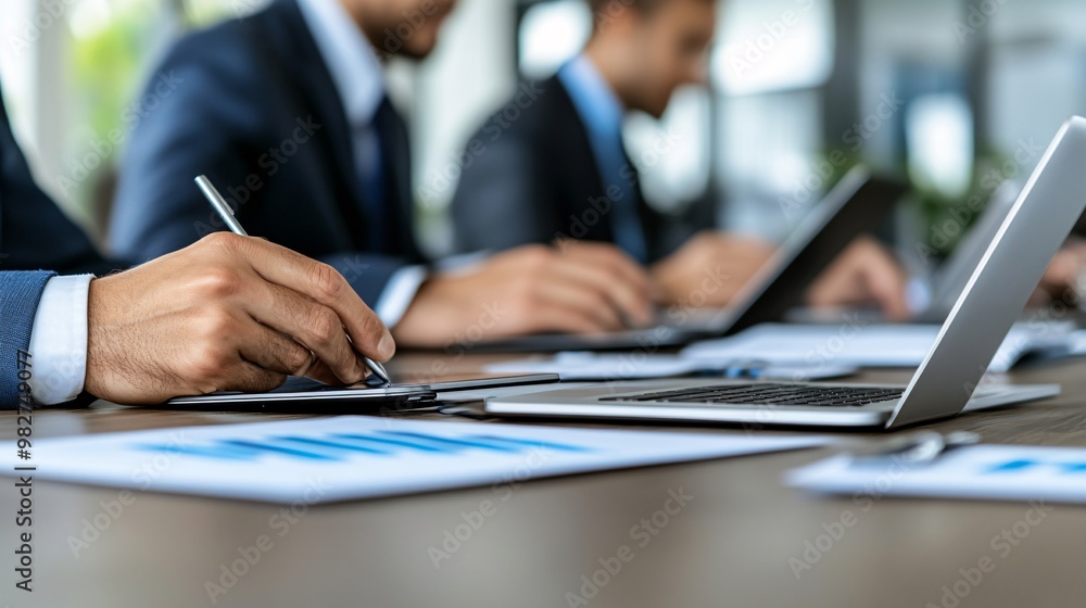 Poster employees from various cultural backgrounds working on tablets and laptops in a modern meeting room,