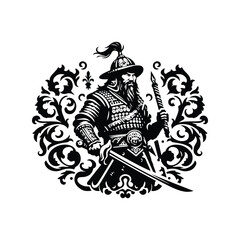 Mongols warrior with victorian flourish decoration in black and white illustrations, cutout graphic